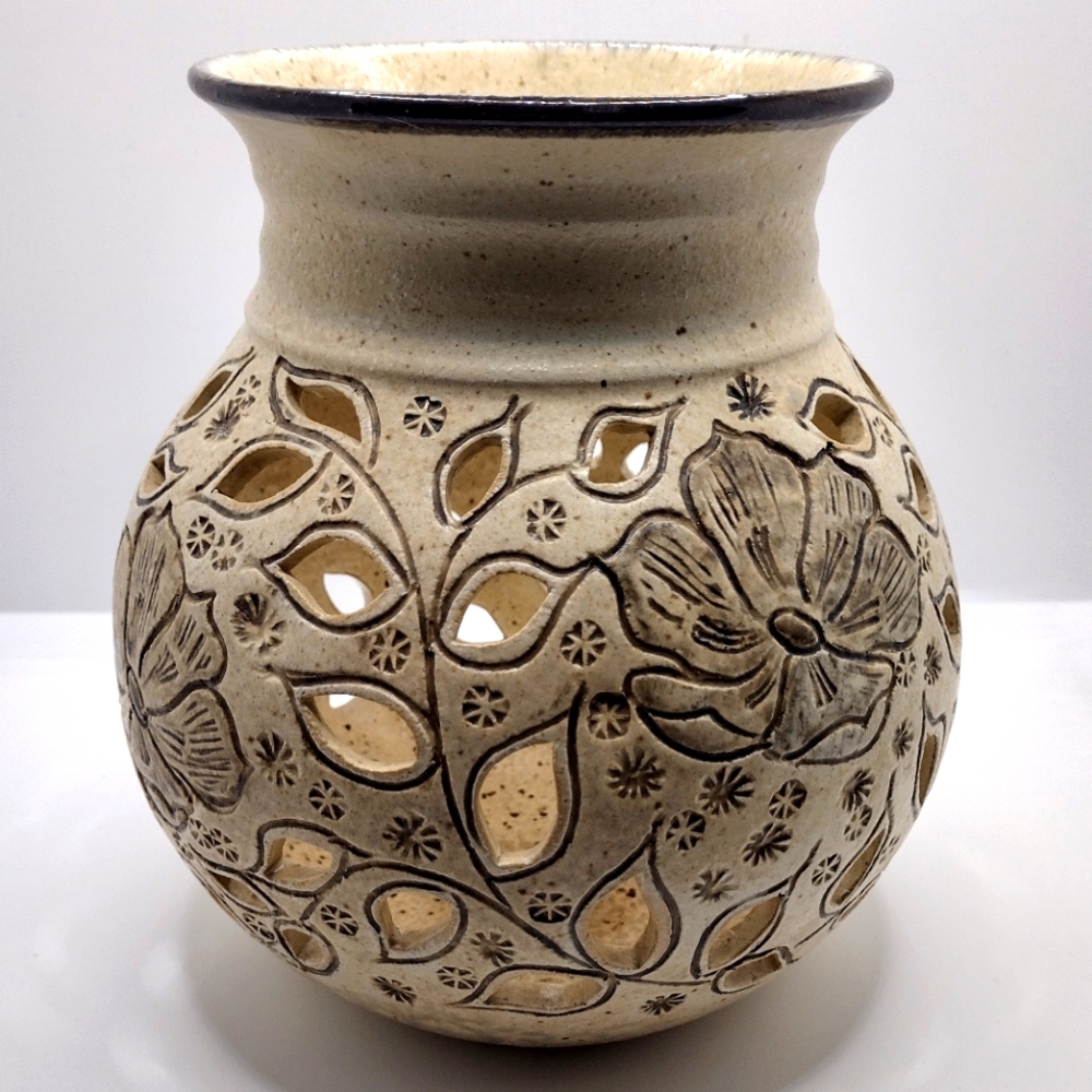 Beautiful Handmade Pottery Vase Candle Holder Cut Out Floral Design Signed‎